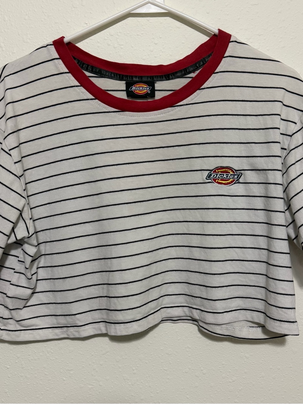 Dickies White Tee with Navy Stripes and Red Crew Neck